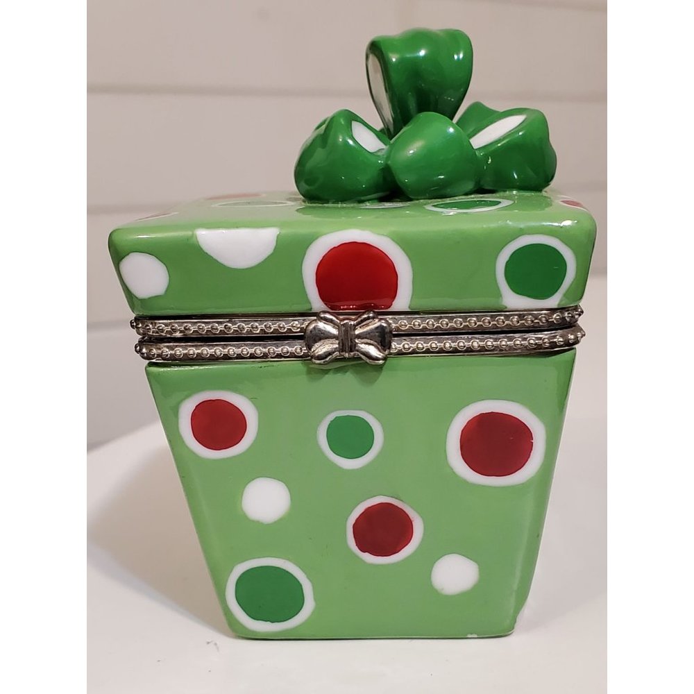 Ceramic Hinged Christmas Present Trinket Box With Polka Dots